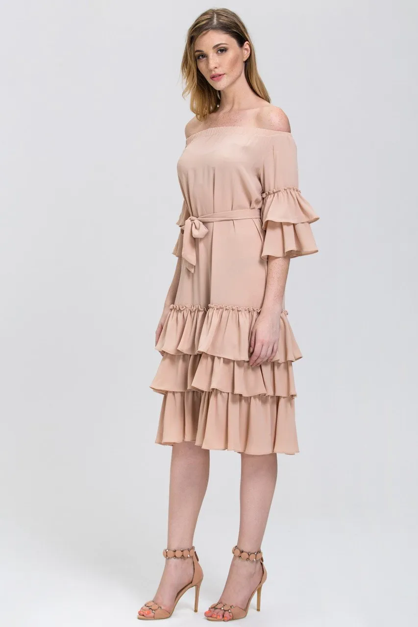 Nude Chiffon Tiered Ruffle Hem off the Shoulder Midi Dress