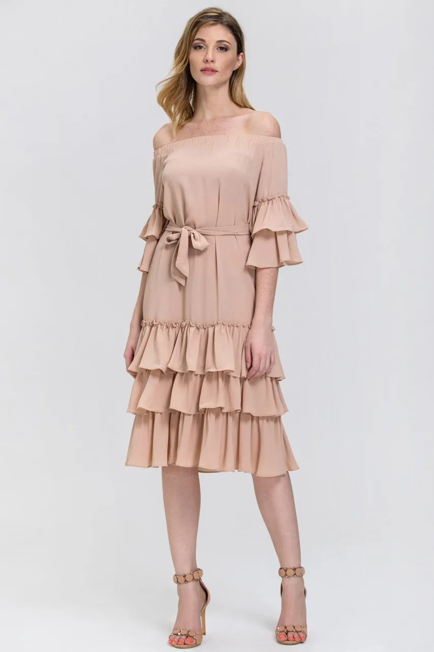 Nude Chiffon Tiered Ruffle Hem off the Shoulder Midi Dress