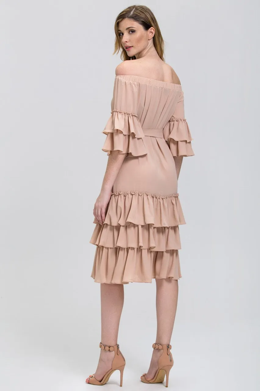 Nude Chiffon Tiered Ruffle Hem off the Shoulder Midi Dress