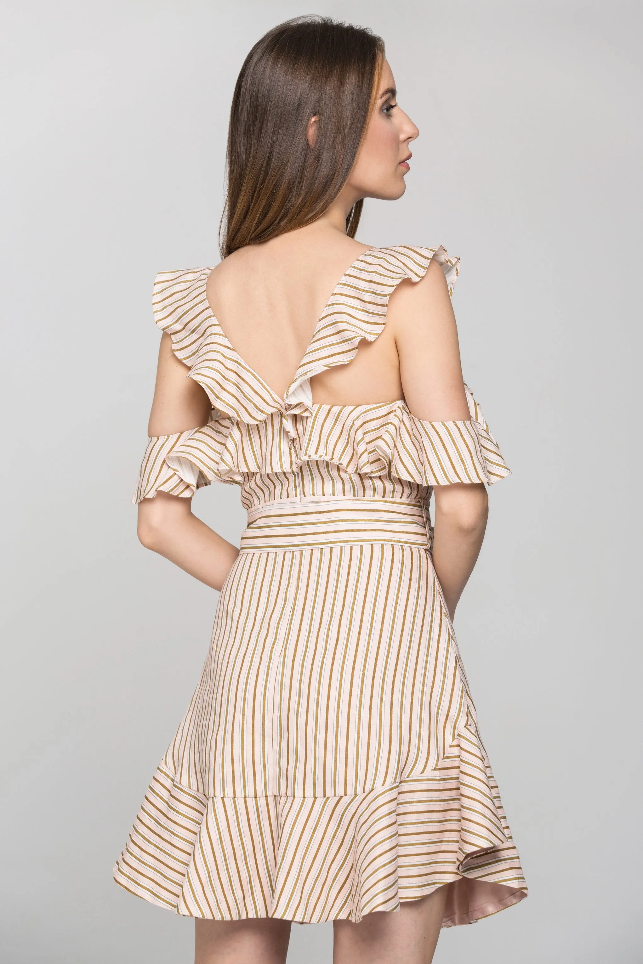 Peach and Brown Stripe Halter Ruffle Midi Dress