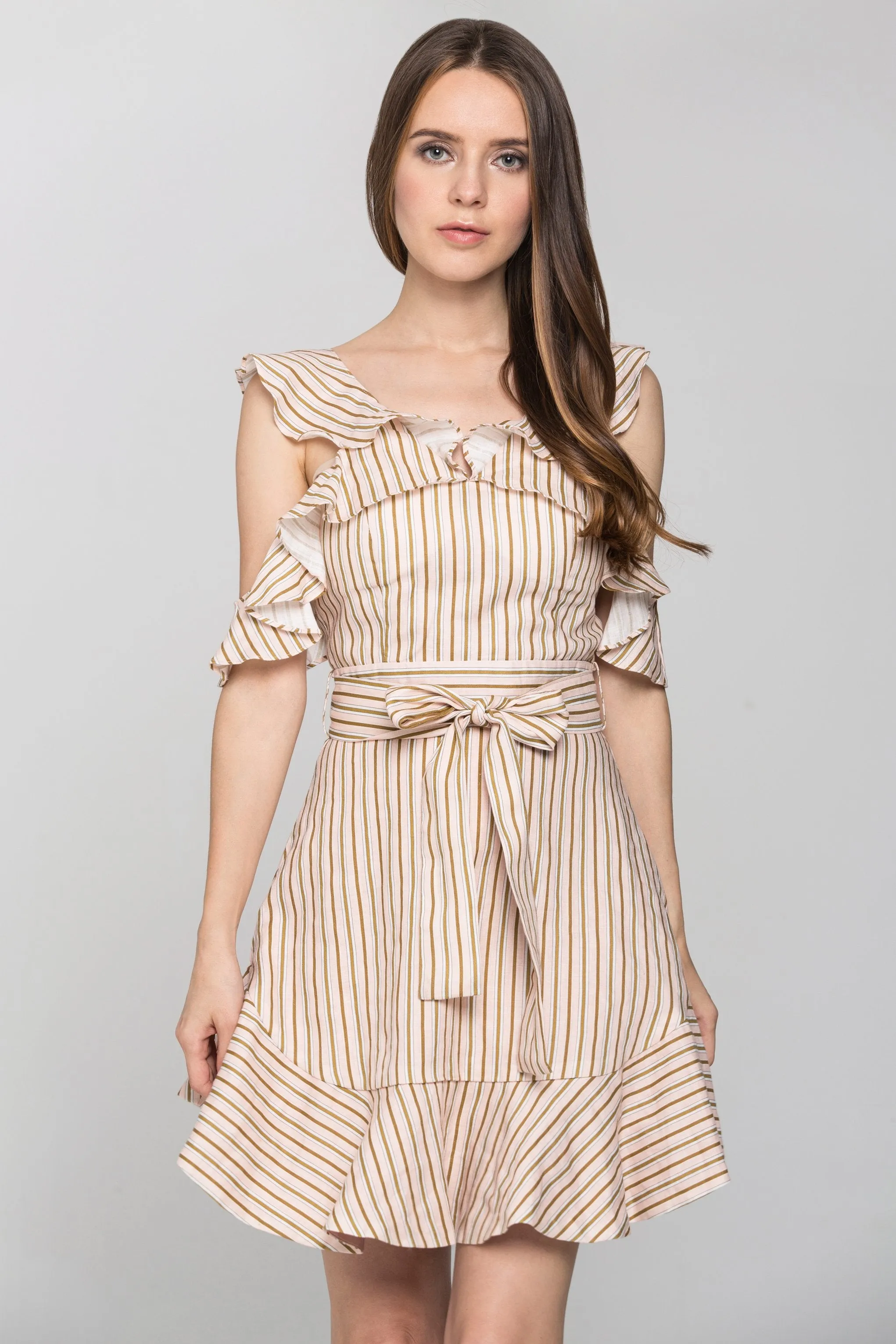 Peach and Brown Stripe Halter Ruffle Midi Dress