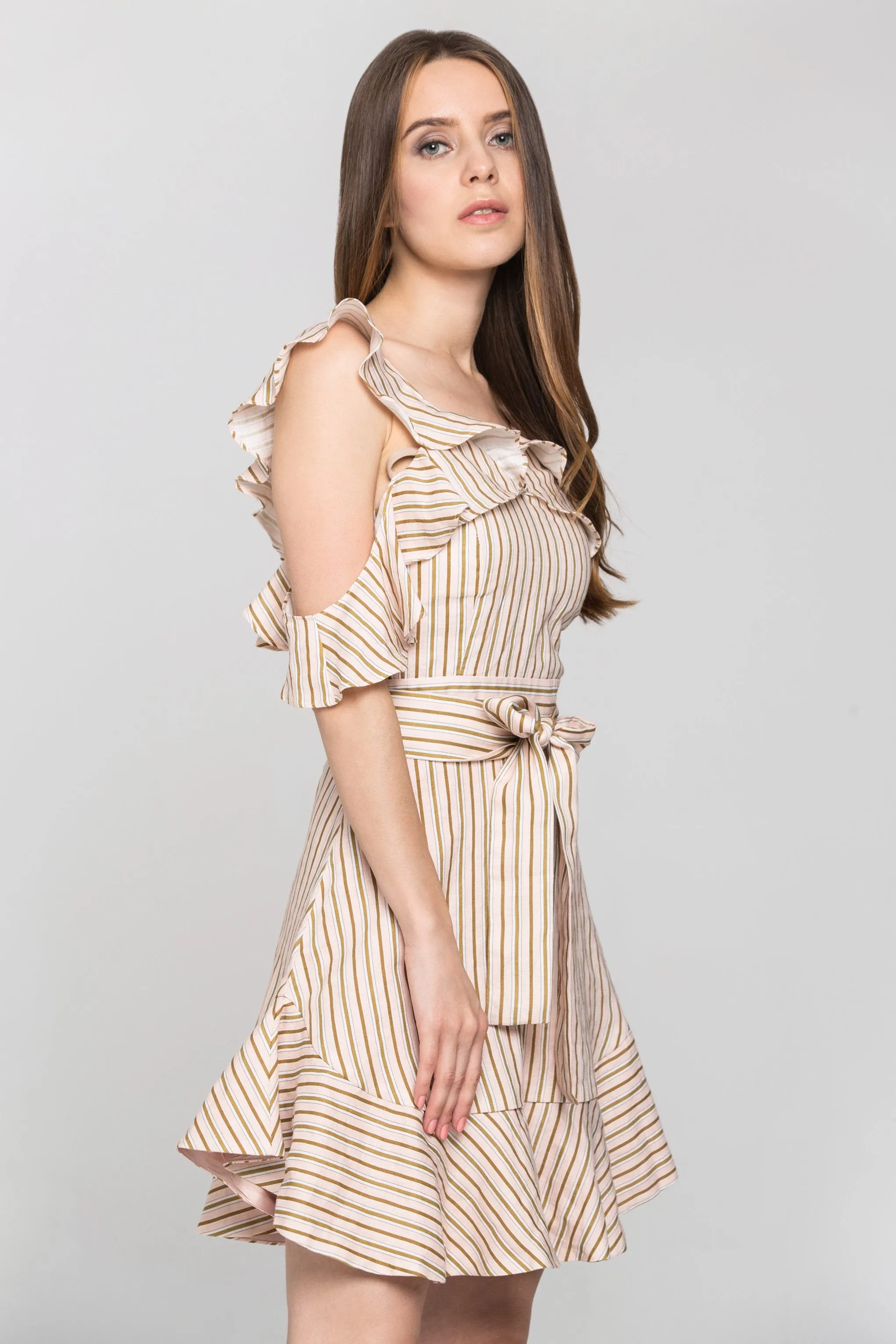 Peach and Brown Stripe Halter Ruffle Midi Dress