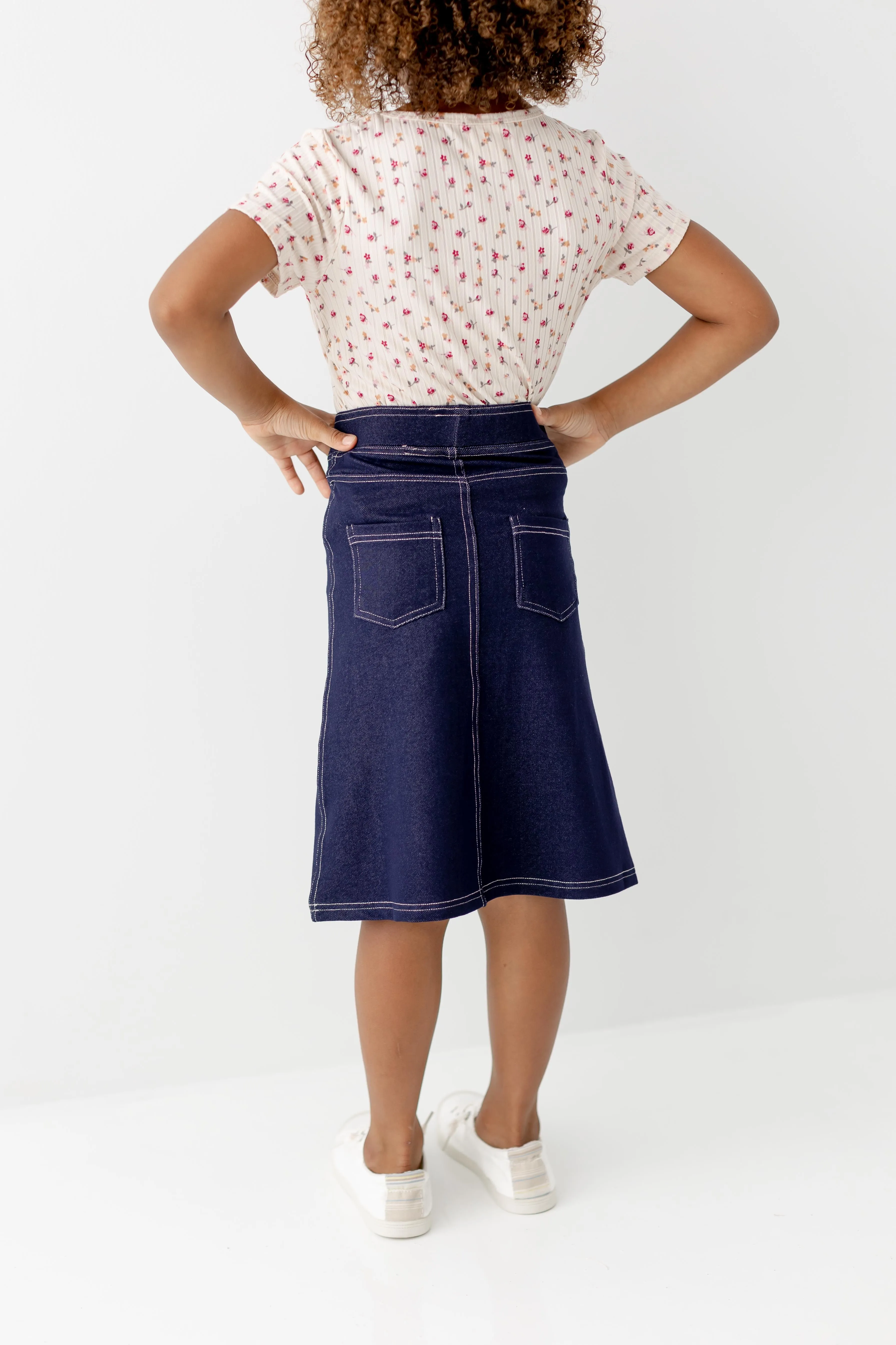 'Piper' Girl Knit Denim Skirt in Navy