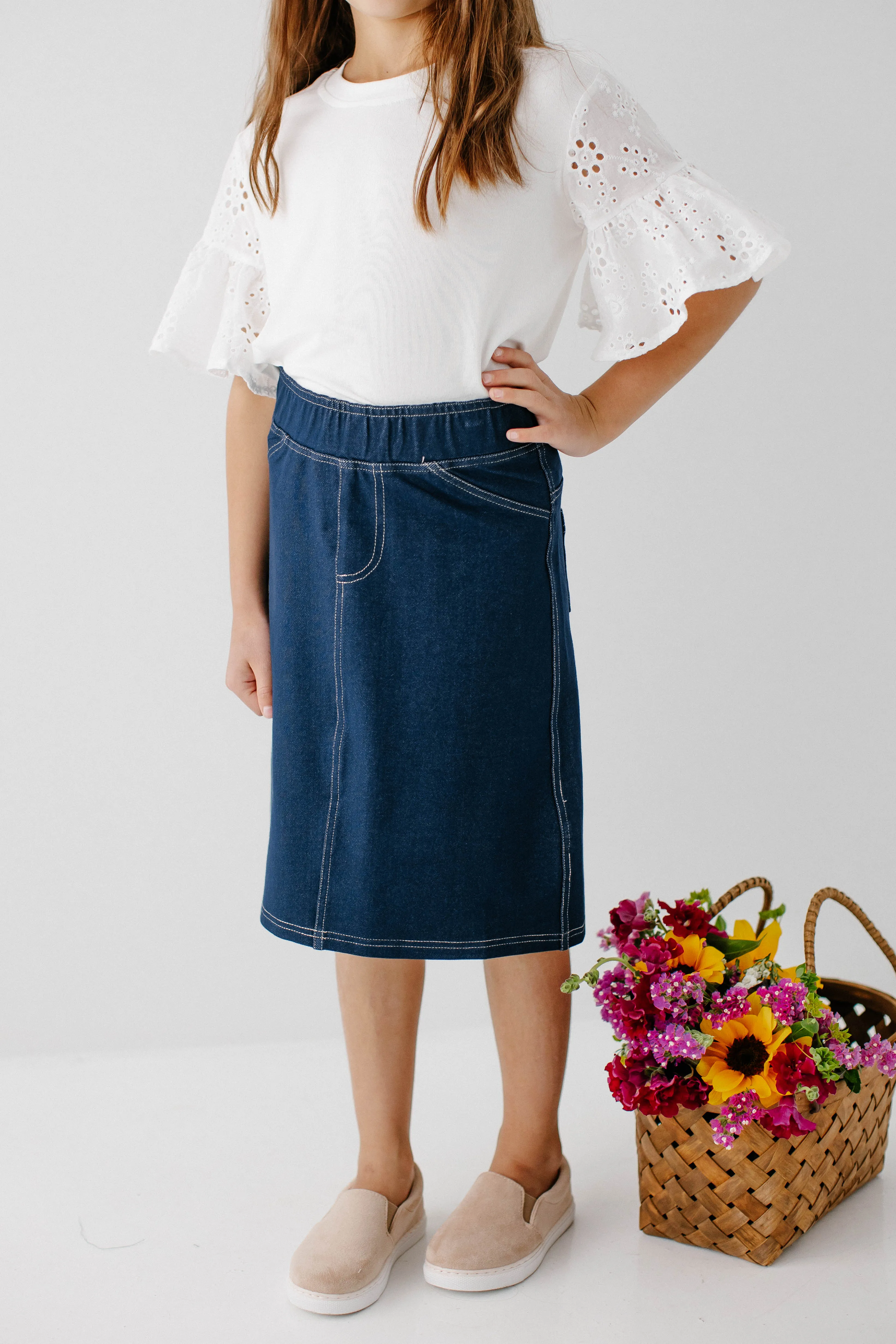 'Piper' Girl Knit Denim Skirt in Navy