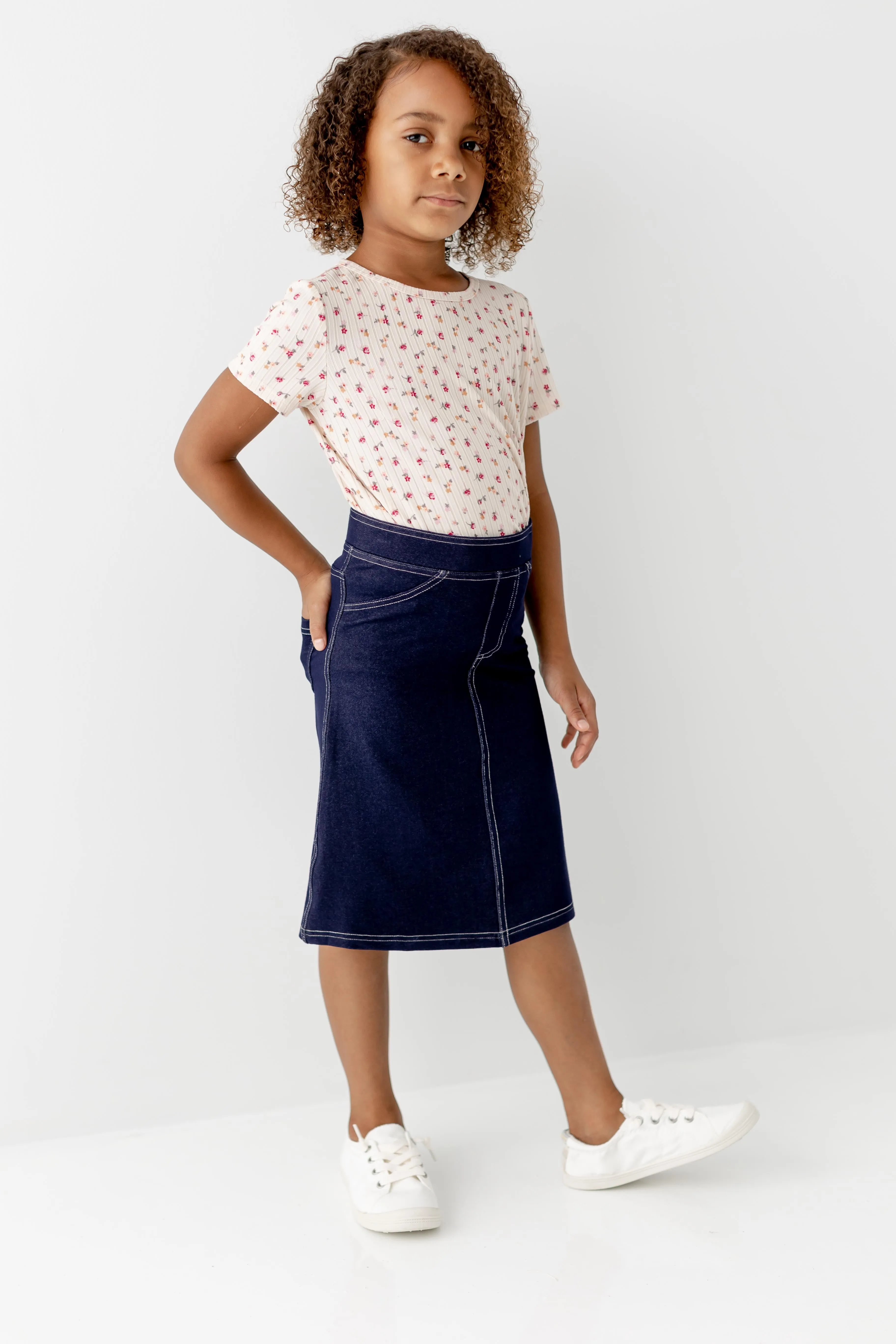 'Piper' Girl Knit Denim Skirt in Navy