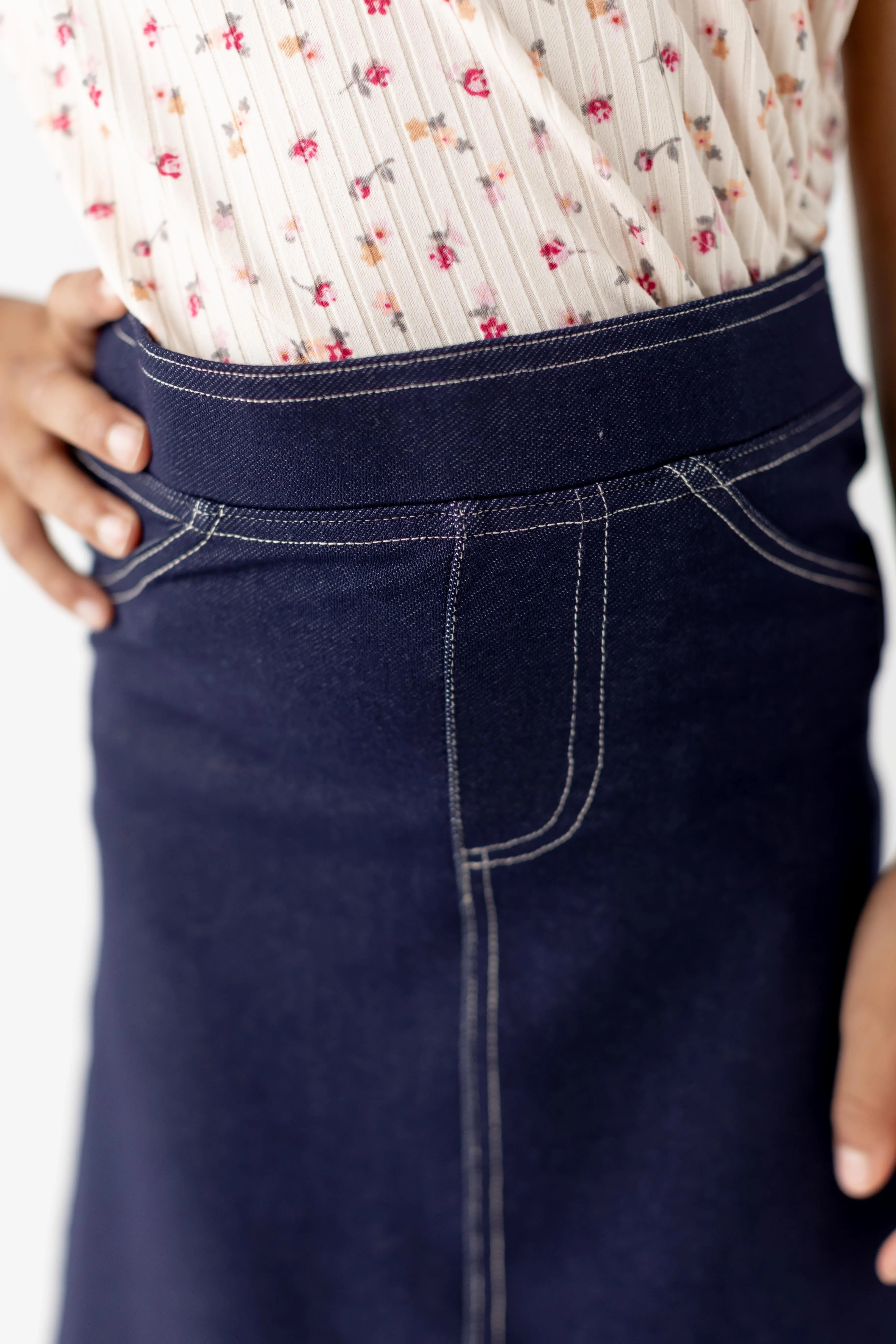 'Piper' Girl Knit Denim Skirt in Navy