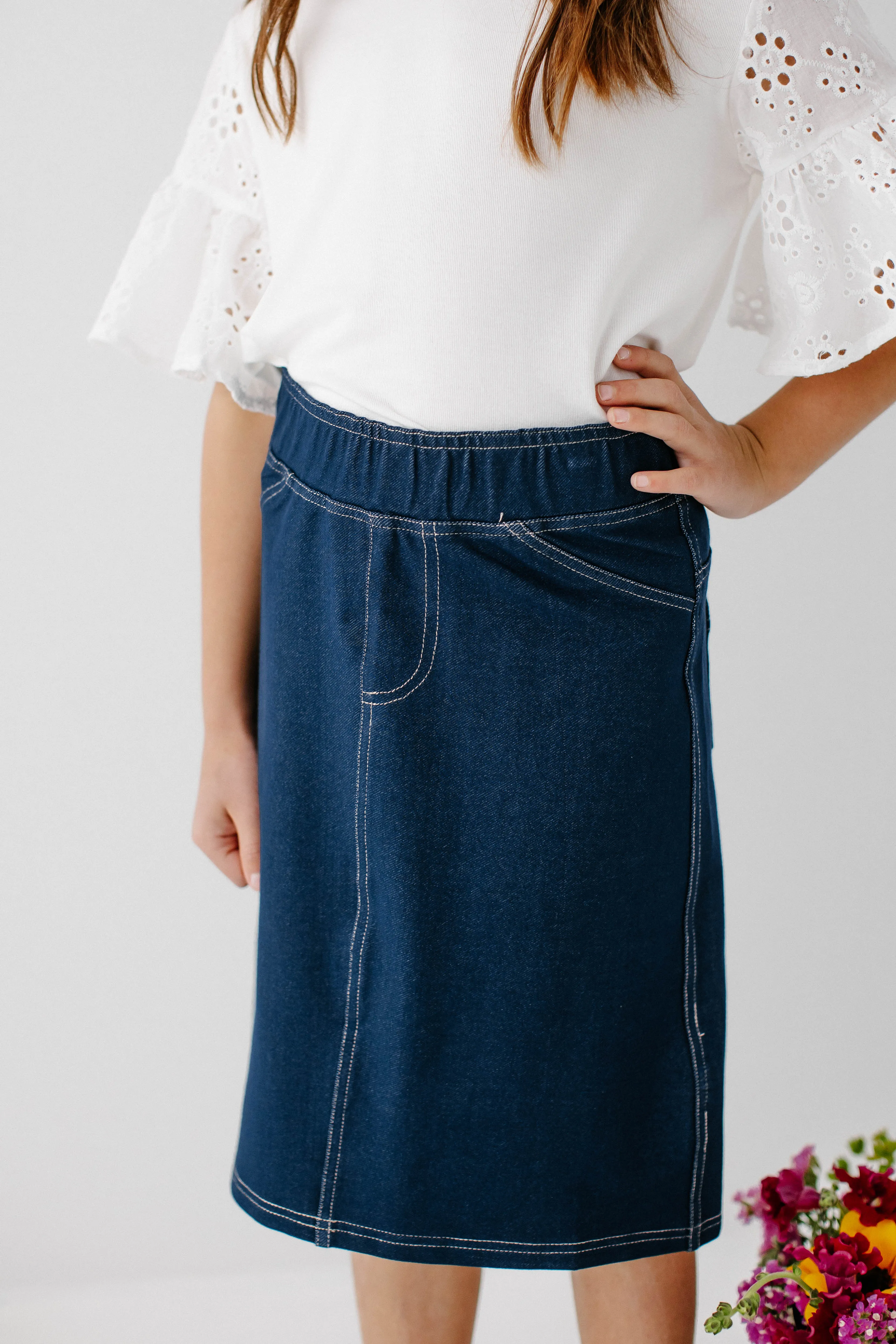 'Piper' Girl Knit Denim Skirt in Navy