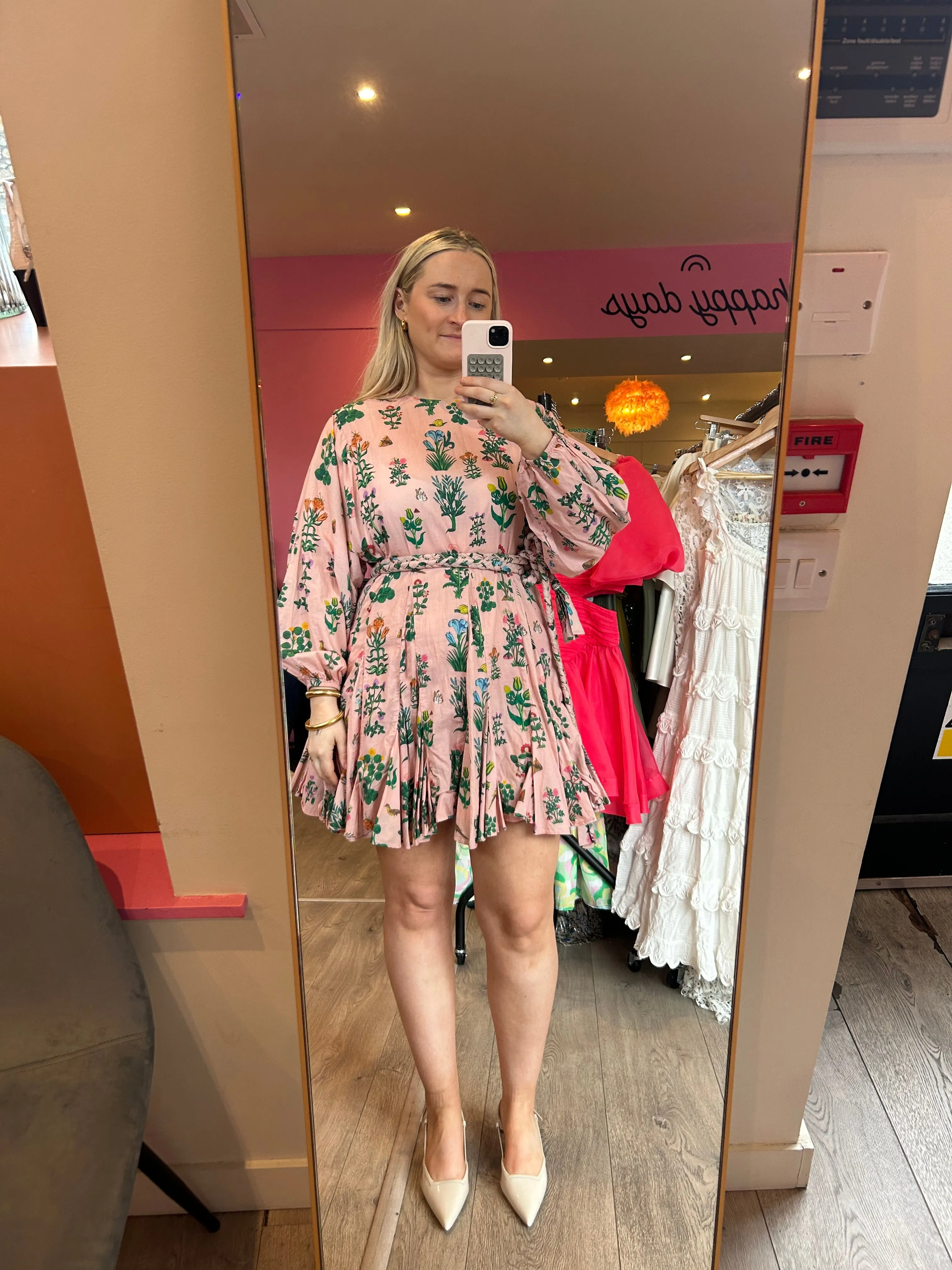 Ella Pale Pink Mini Dress with Belt in Floral-Print Cotton-Voile by RHODE