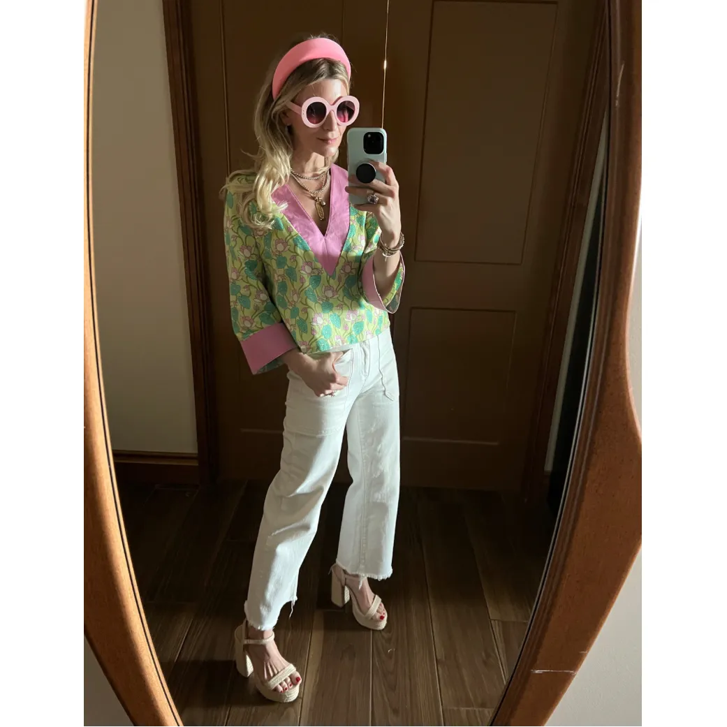 SAMPLE - BURU x Sarah Bray Bermuda Deep V Mod Top - Lotus Floral & Pink