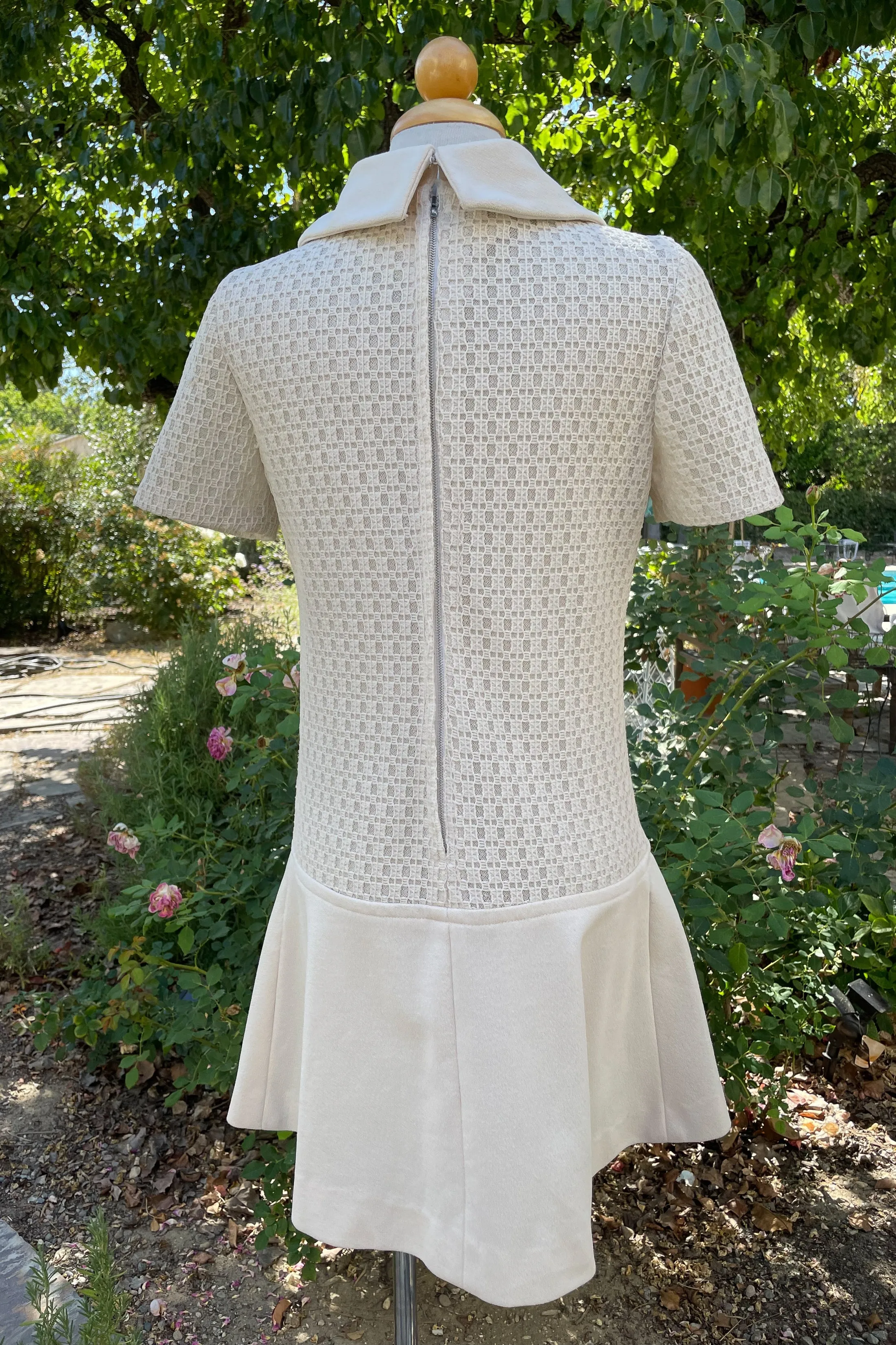 SOLD Angelique 60s Mod Mini Dress, 70s Off-White Flare Skirt Dress S