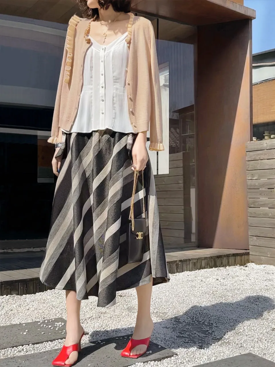 Surprise Sale! Velvet-Striped Denim Tie Bow Pockets Full Midi Skirt