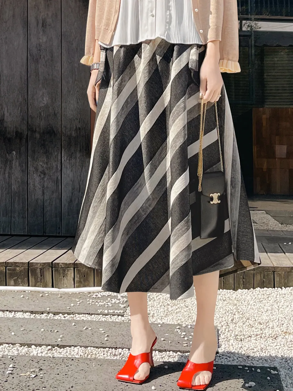 Surprise Sale! Velvet-Striped Denim Tie Bow Pockets Full Midi Skirt