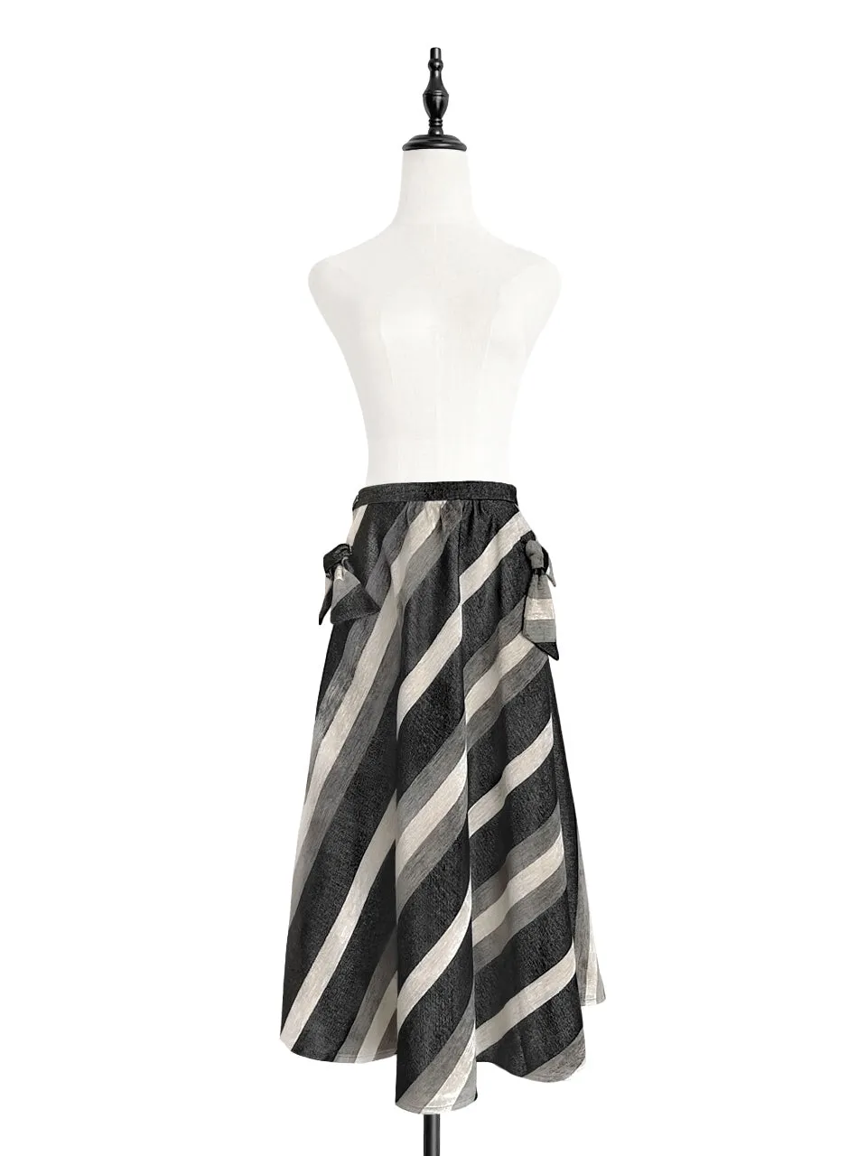 Surprise Sale! Velvet-Striped Denim Tie Bow Pockets Full Midi Skirt