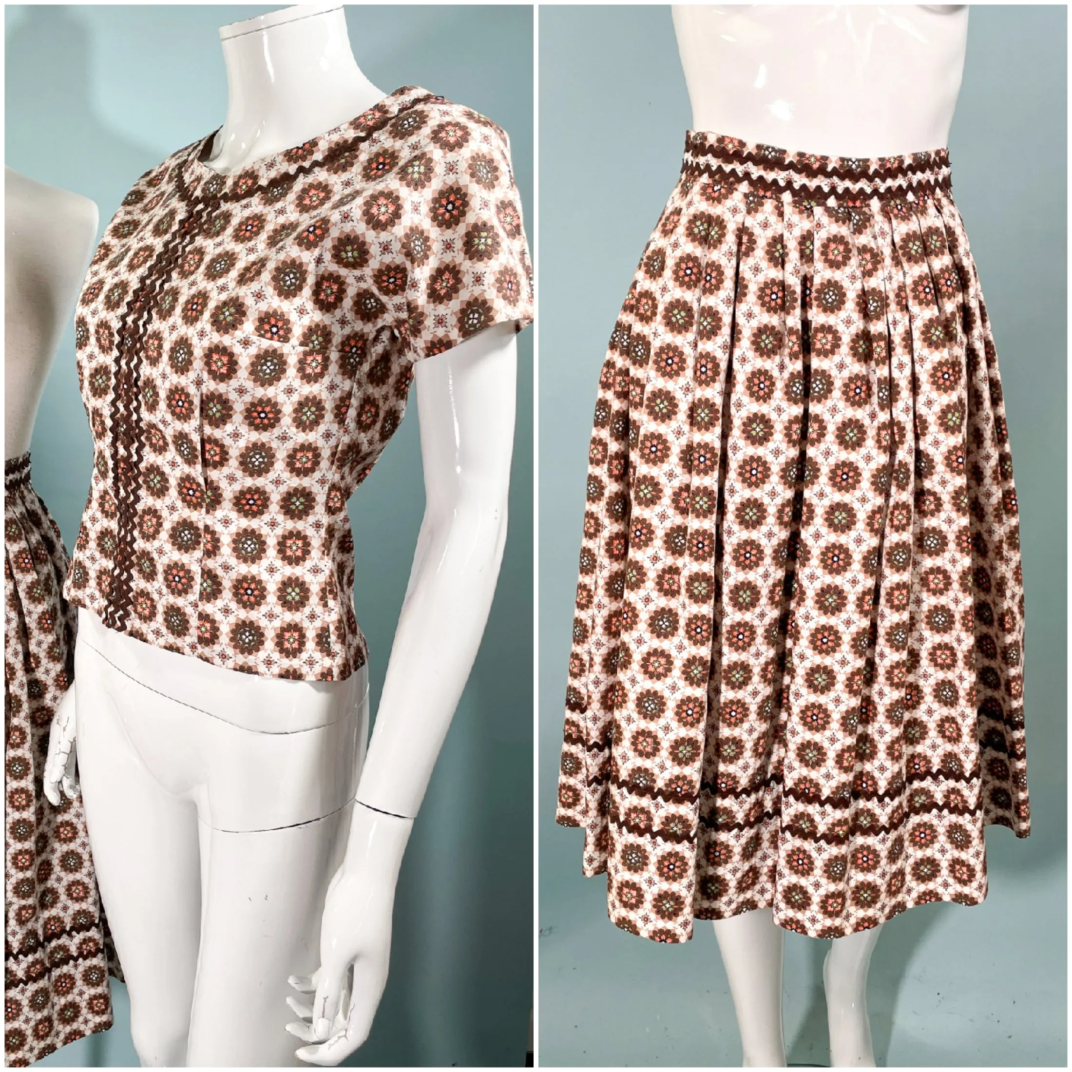 Vintage 50s 2 Piece Skirt/Top Dress, Novelty Print Rick Rack Trim 21" Waist