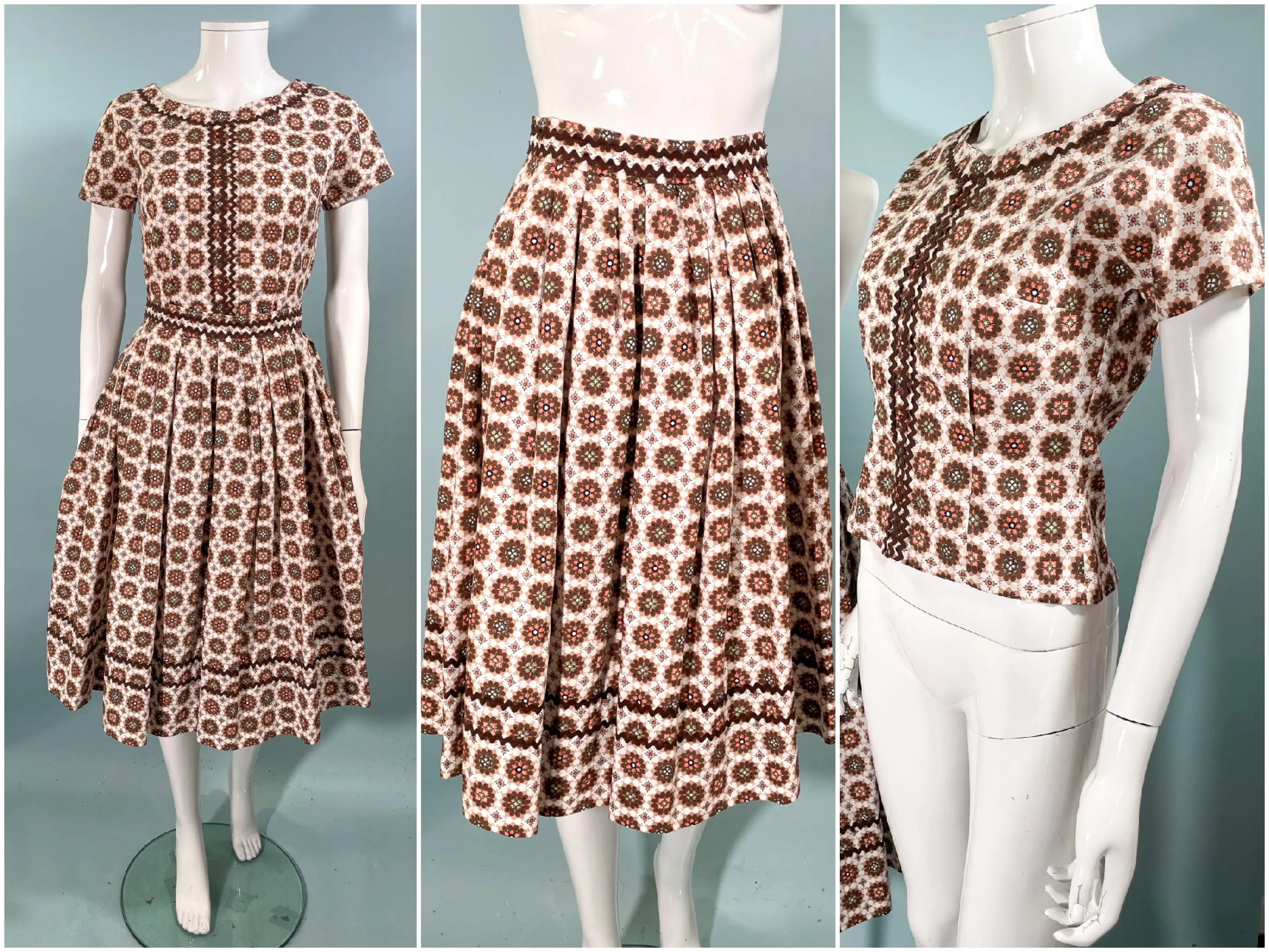 Vintage 50s 2 Piece Skirt/Top Dress, Novelty Print Rick Rack Trim 21" Waist