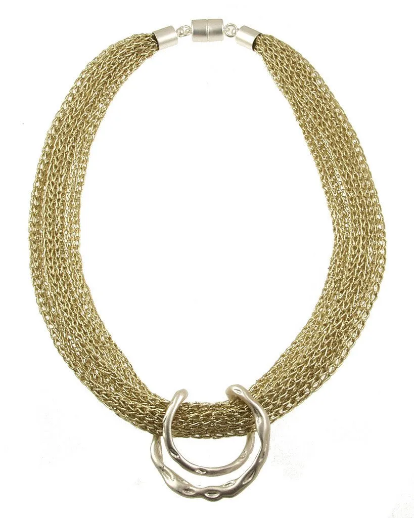 Woven Golden Thread Necklace with Matte Silver Pendant