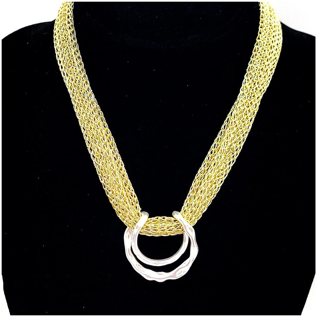 Woven Golden Thread Necklace with Matte Silver Pendant