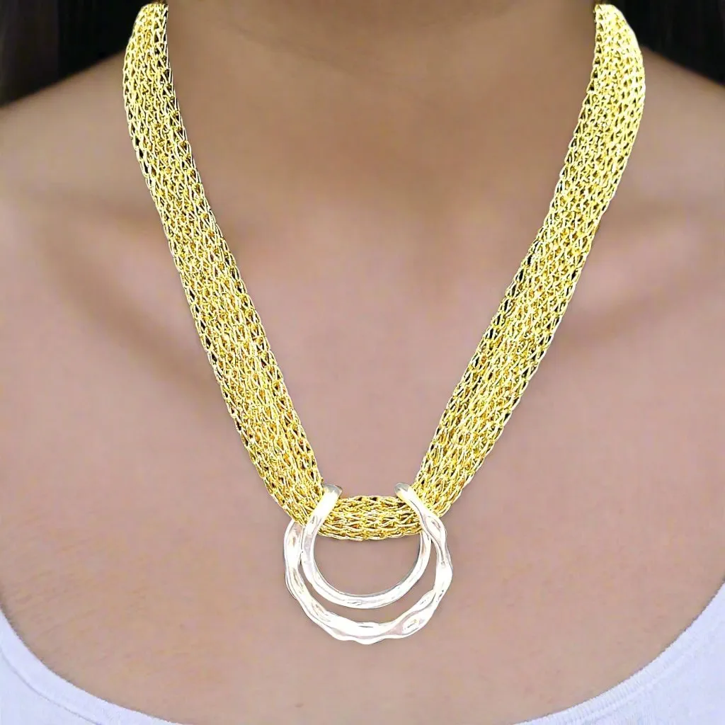 Woven Golden Thread Necklace with Matte Silver Pendant